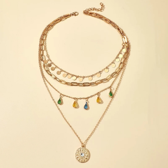 Boho Water Drop Colorful Gold Sequins Multi-layer necklace - Picture 2 of 5